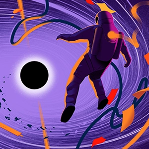 An astronaut floats in front of a black hole, which is sucking various shapes and objects into it.