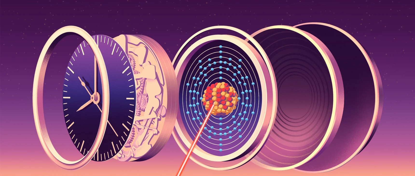 Illustration of a deconstructed clock where one metal layer is imprinted to look like a thorium atom.