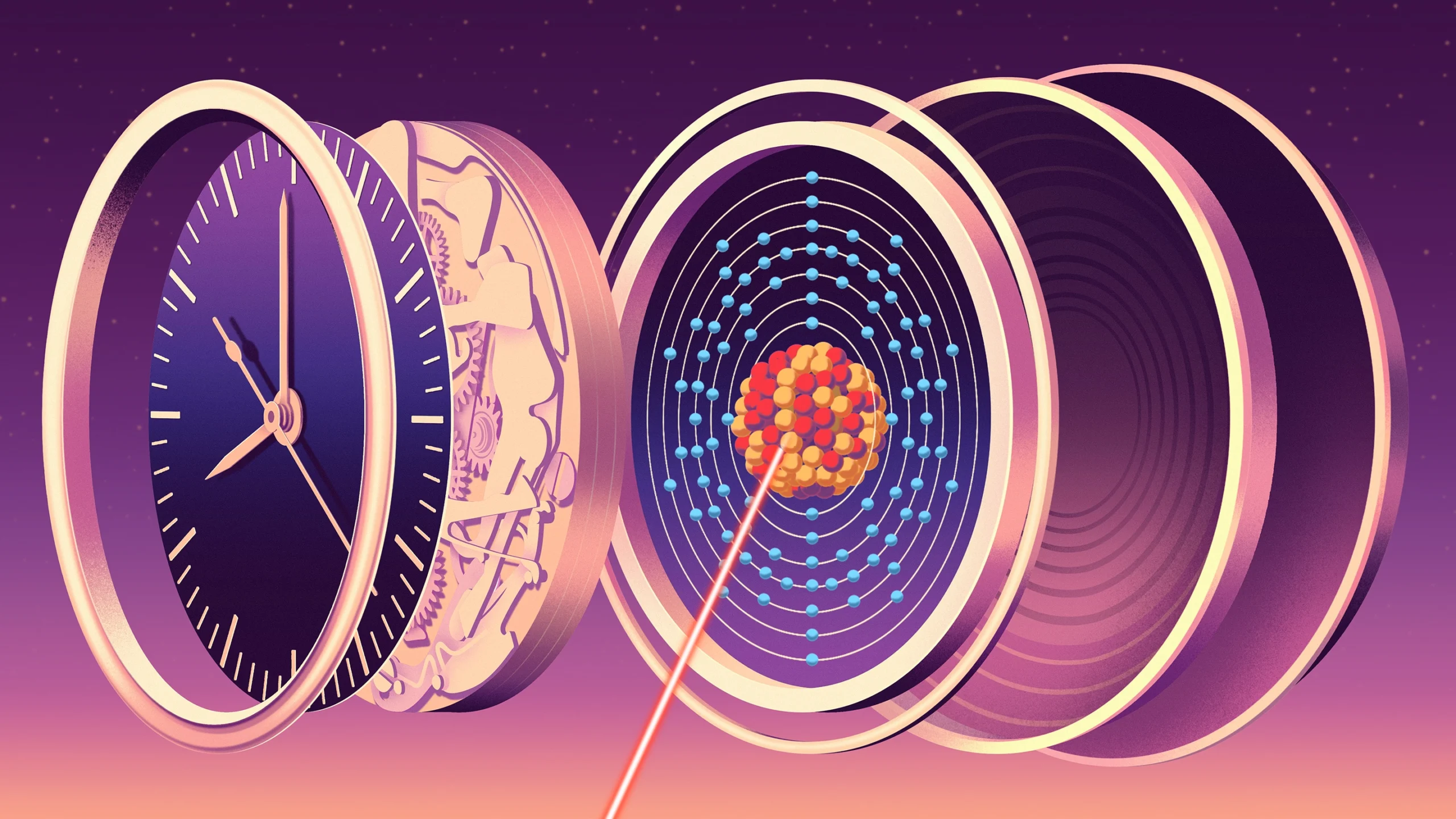 Illustration of a deconstructed clock where one metal layer is imprinted to look like a thorium atom.