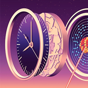 Illustration of a deconstructed clock where one metal layer is imprinted to look like a thorium atom.