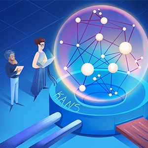 Scientists looking at globe of interconnected lights