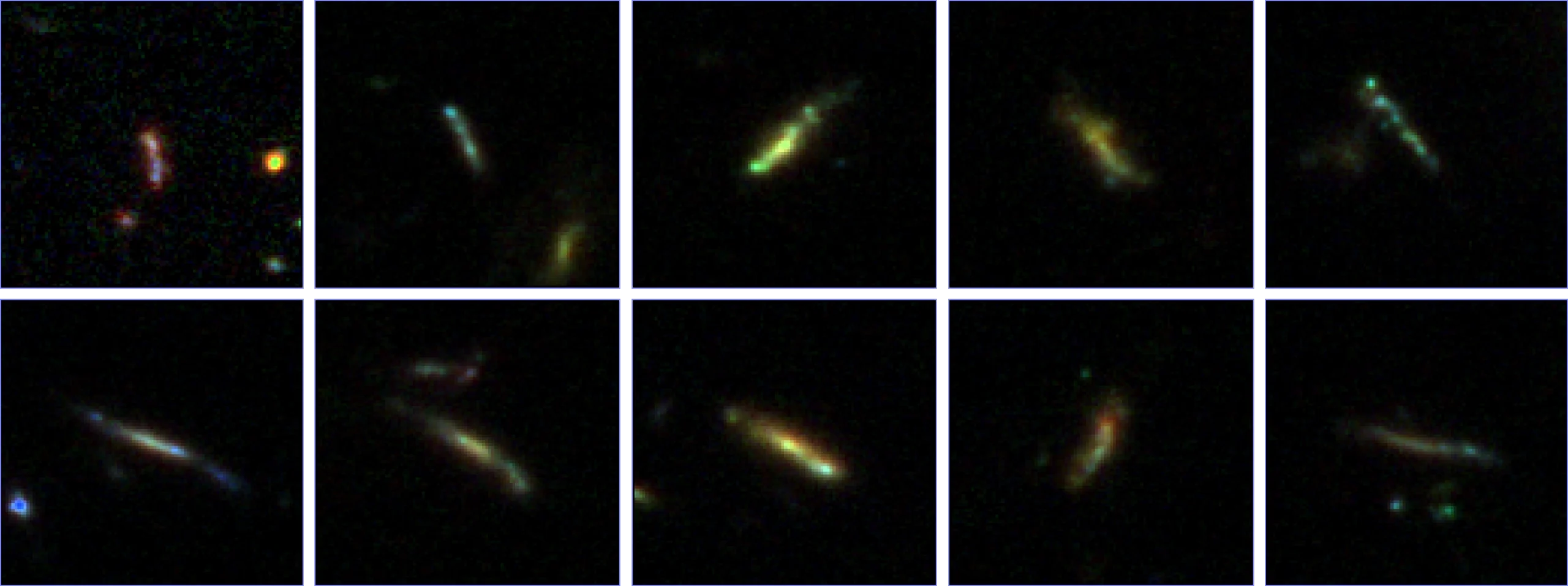 An array of images of thin, long galaxies.