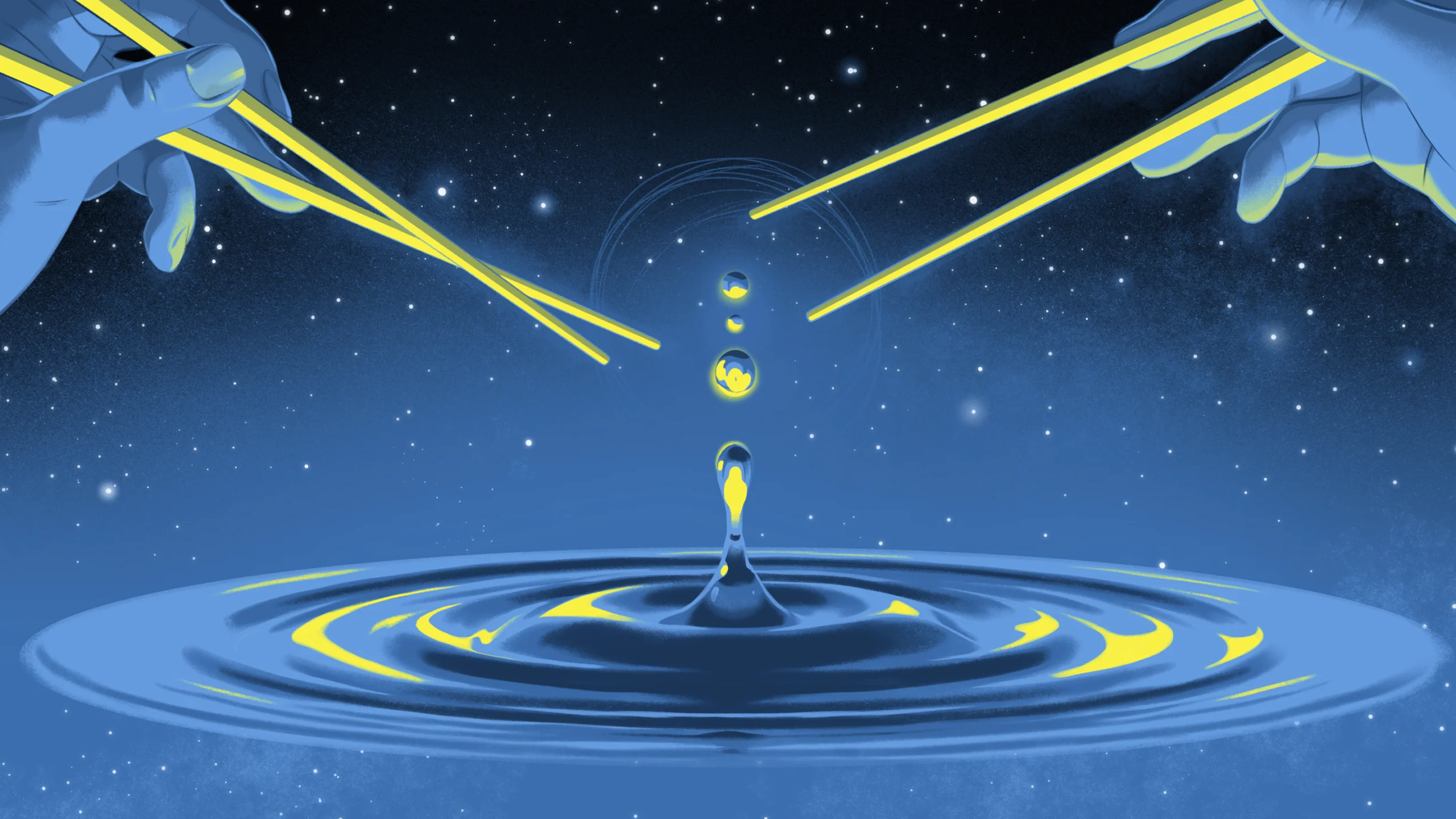 An illustration of concentric rings of a radiating wave in space, with chopsticks that appear poised to pluck a particle out of the wave.