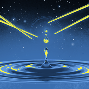 An illustration of concentric rings of a radiating wave in space, with chopsticks that appear poised to pluck a particle out of the wave.