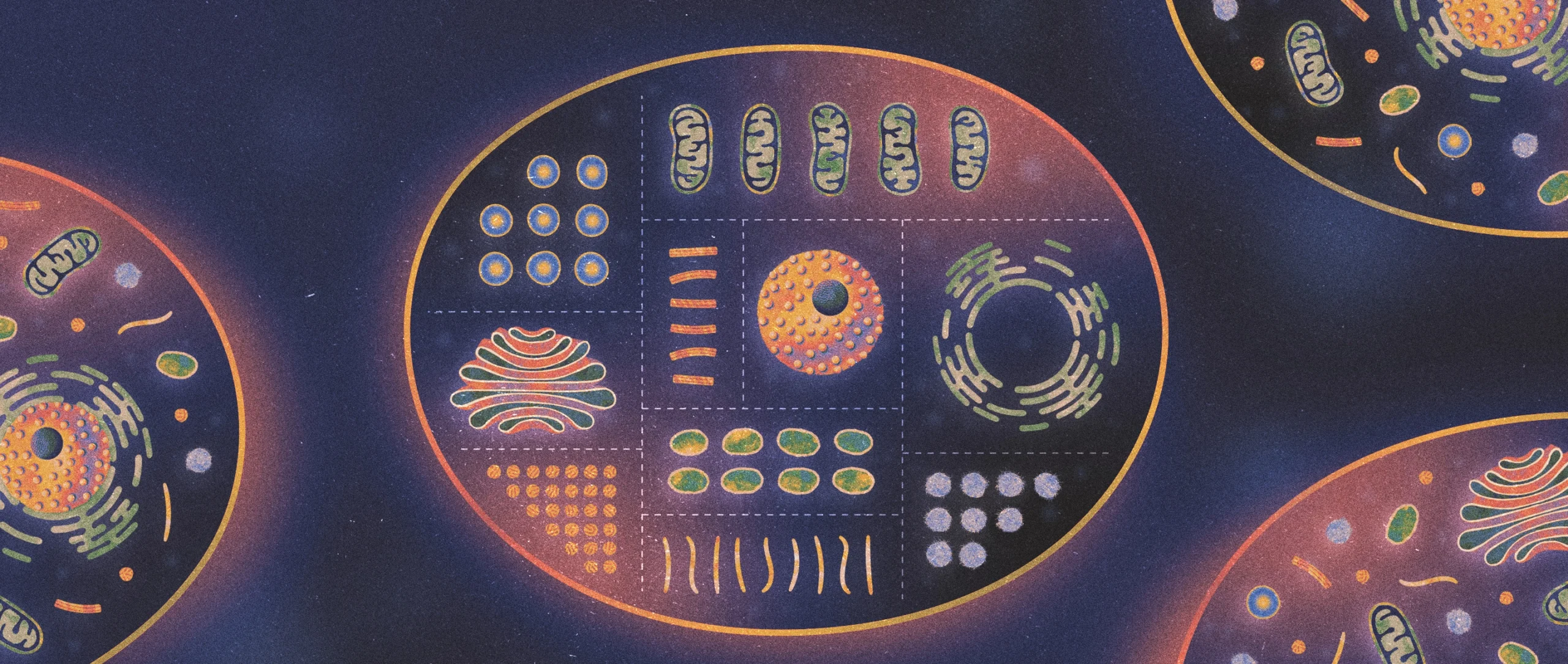 An illustration shows a cell with its organs arranged by shape, as if in separate compartments.