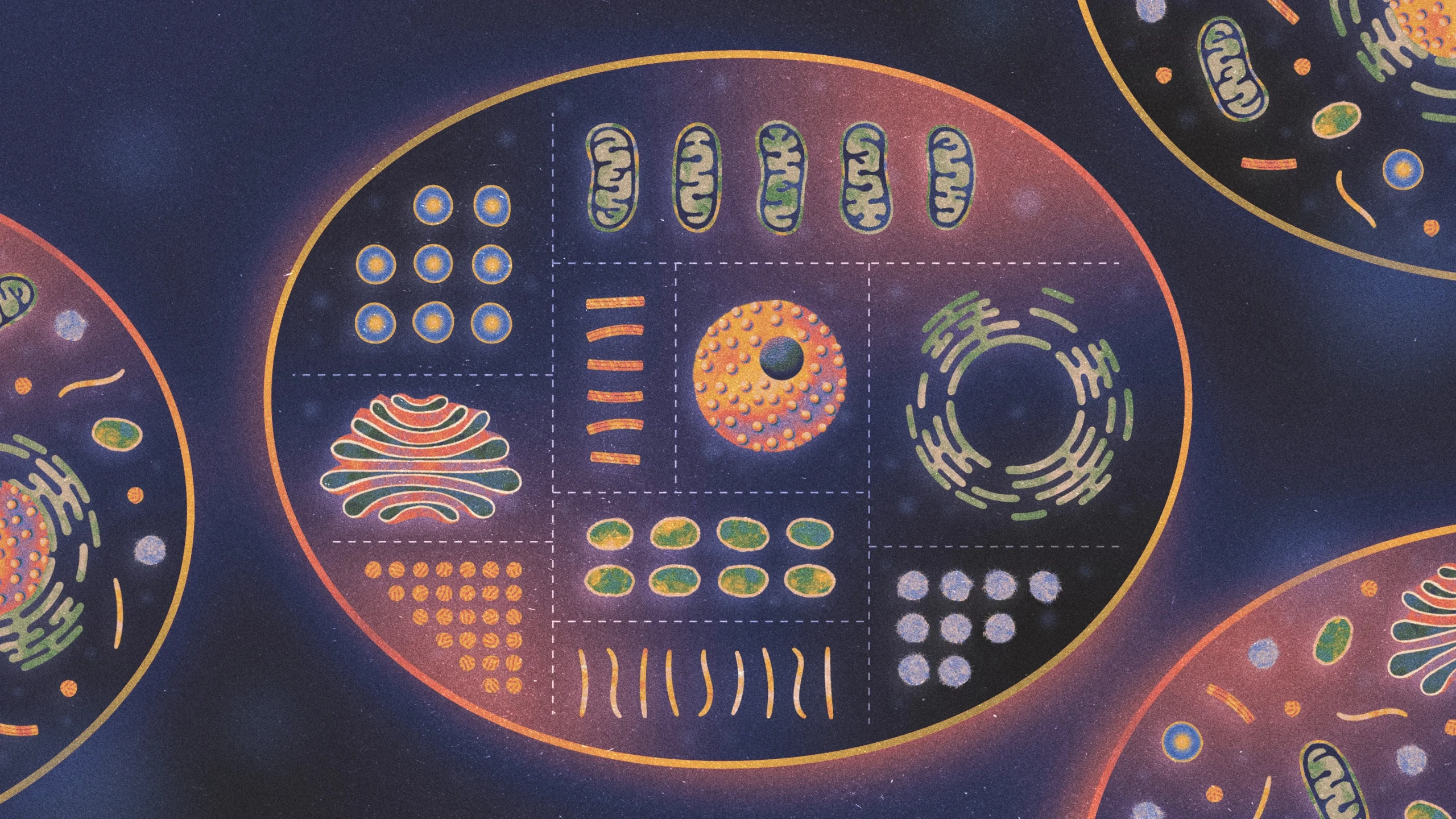 An illustration shows a cell with its organs arranged by shape, as if in separate compartments.