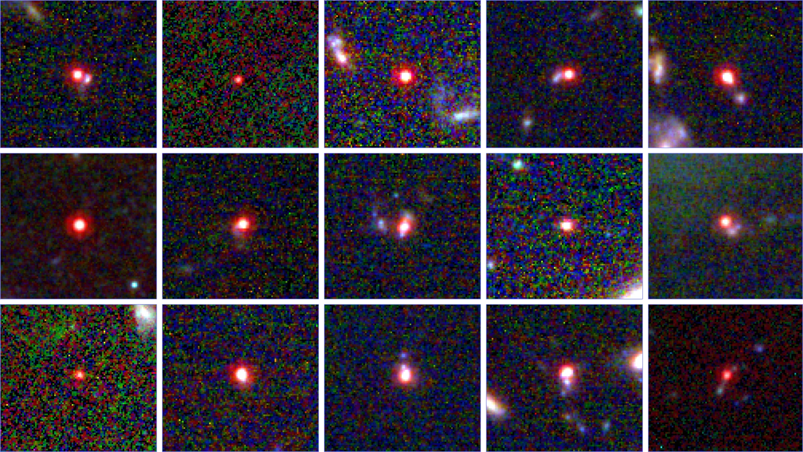 A 3-by-5 array of telescope images with bright red dots in their centers.