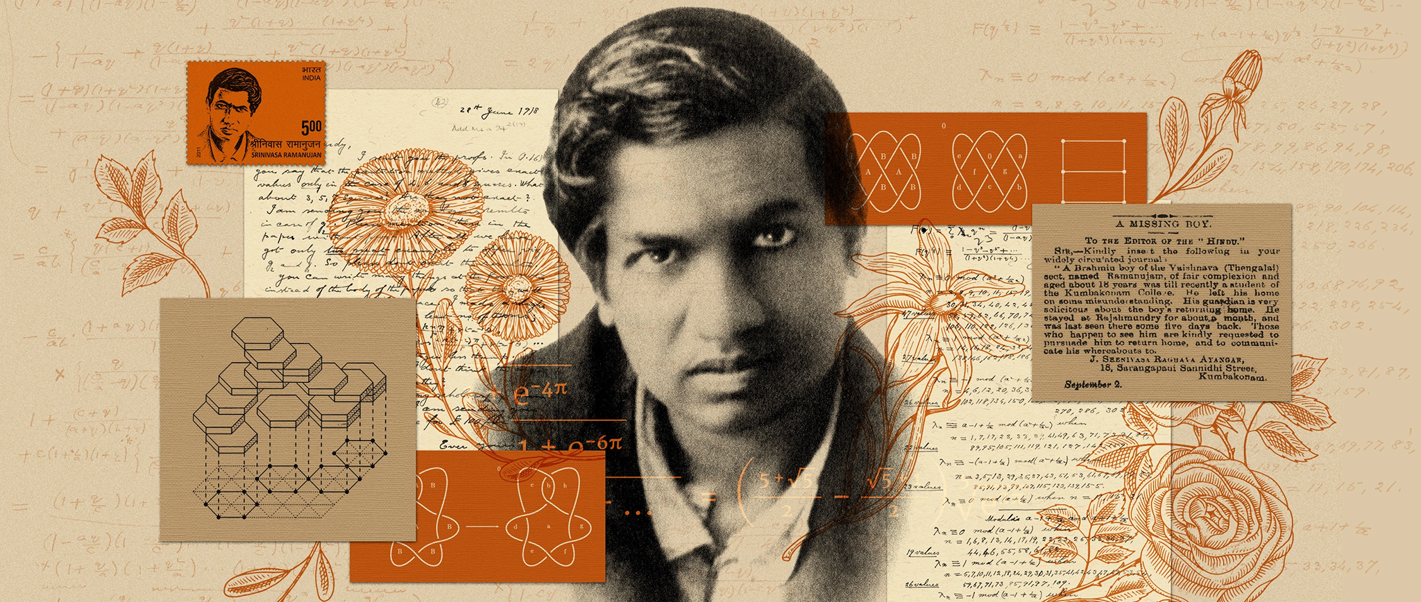 A collage of Ramanujan and his accomplishments, including formulas and a missing persons note