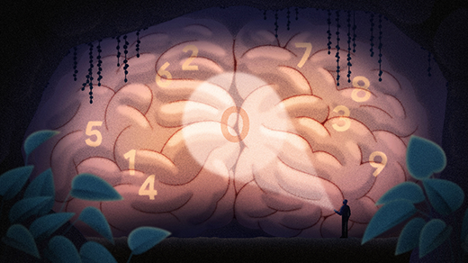 An illustration shows zero lit by spotlight; it flickers in a cave that looks like a brain.