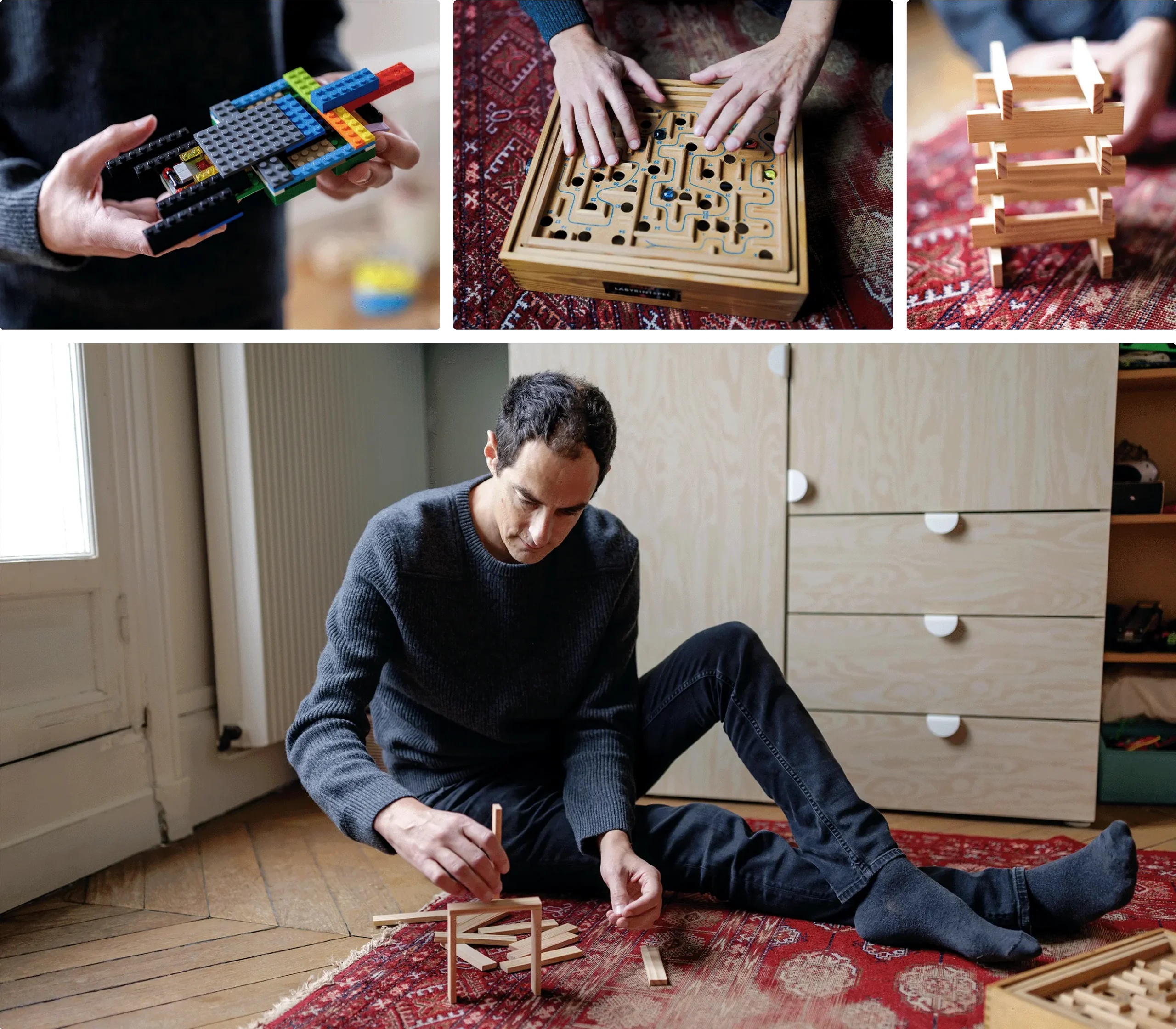 Four photos of Bessis playing with Legos, blocks and other toys.