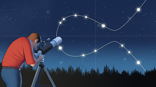 An illustration of a man using a telescope to look at a constellation in the shape of a mathematical curve.