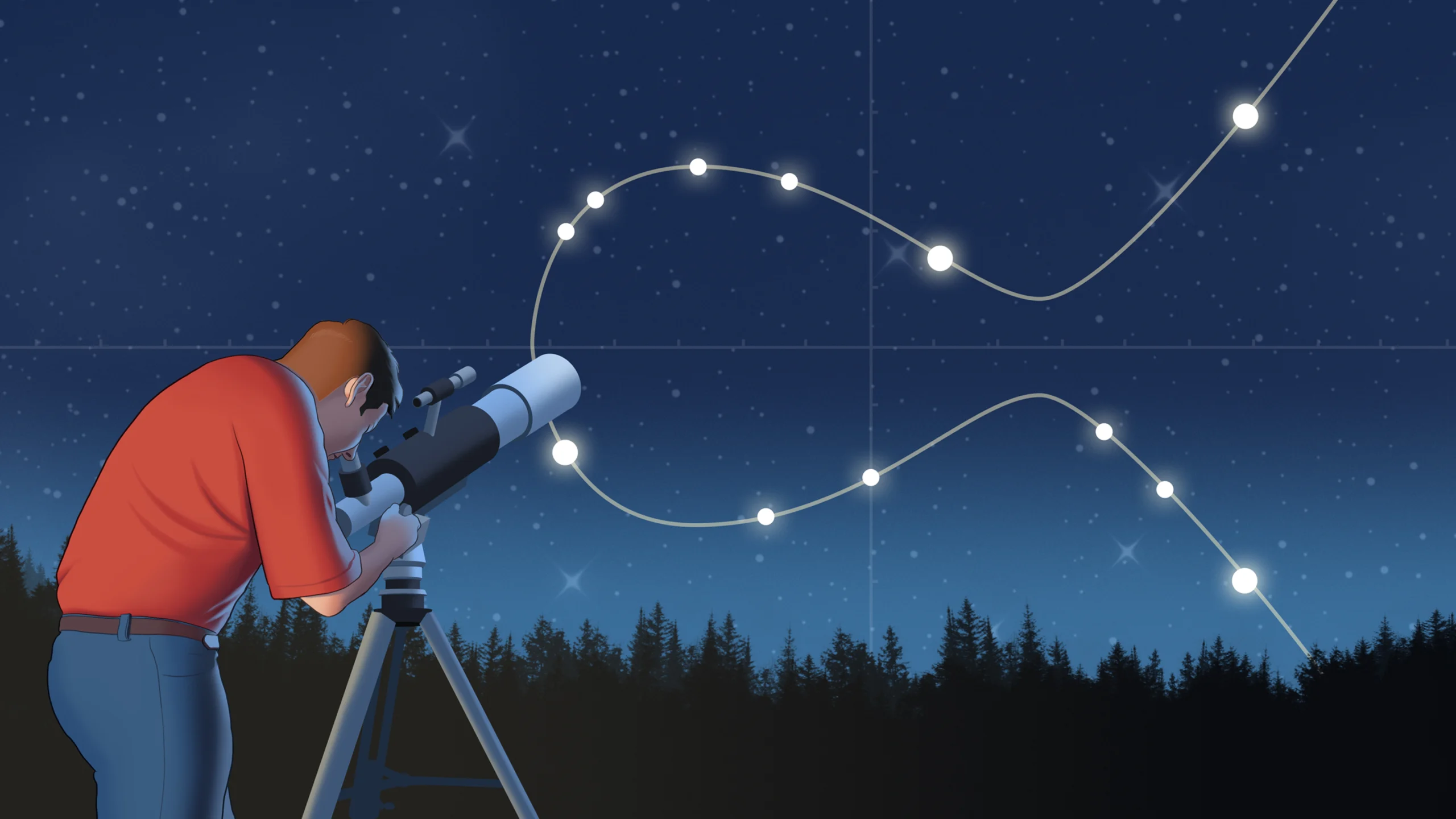 An illustration of a man using a telescope to look at a constellation in the shape of a mathematical curve.