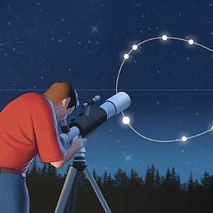 An illustration of a man using a telescope to look at a constellation in the shape of a mathematical curve.