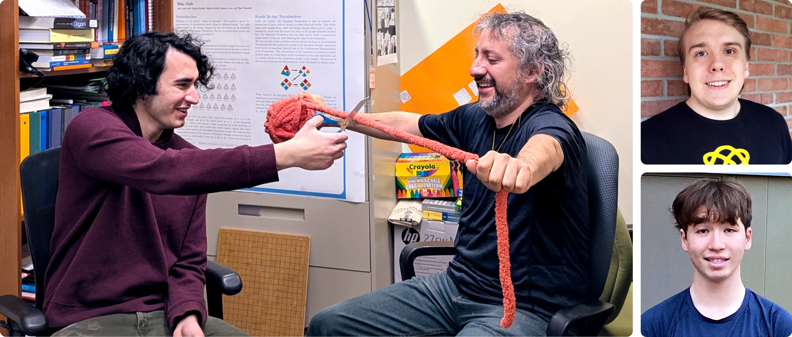 A triptych of three teen students, one cutting yarn with their professor