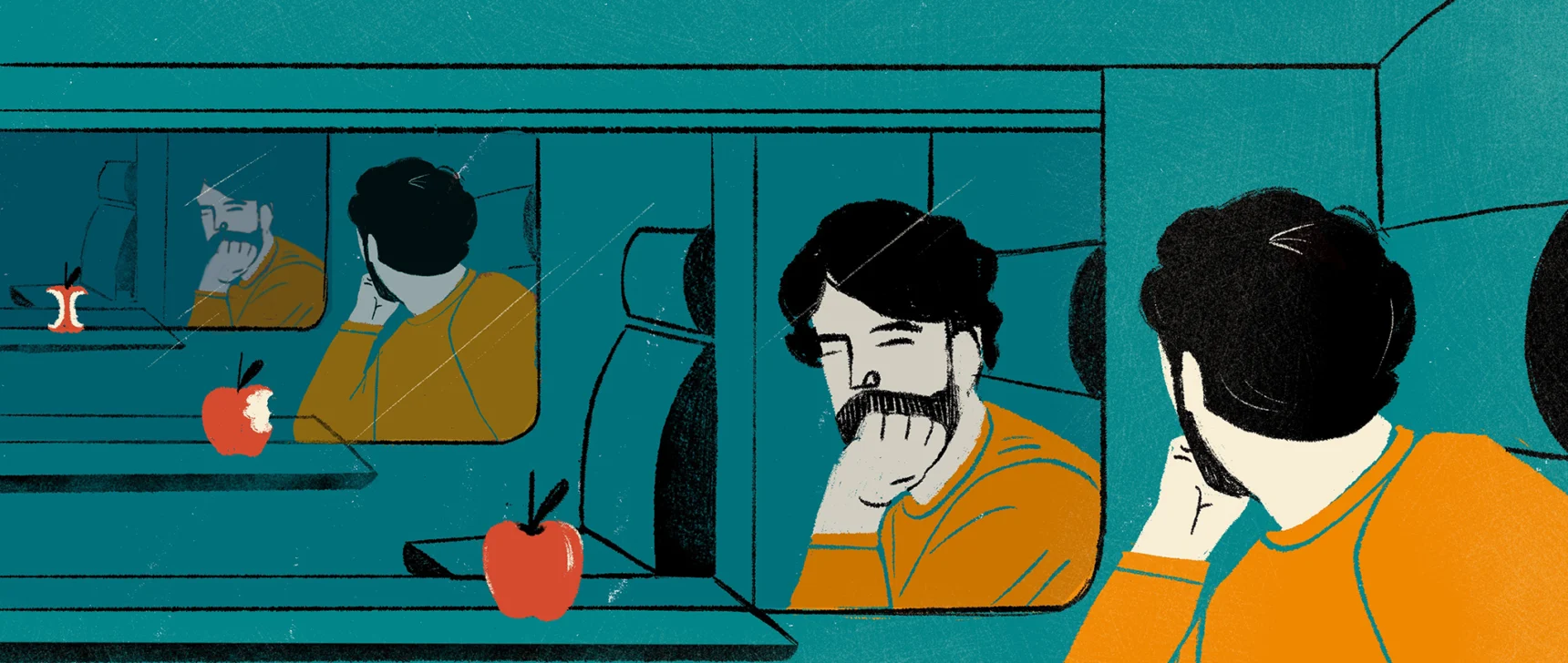 An illustration of a man with an apple and looking at his reflection, in which the apple has a bite taken out of it, evoking the way that quantum reference frames can affect the perceived order of events.