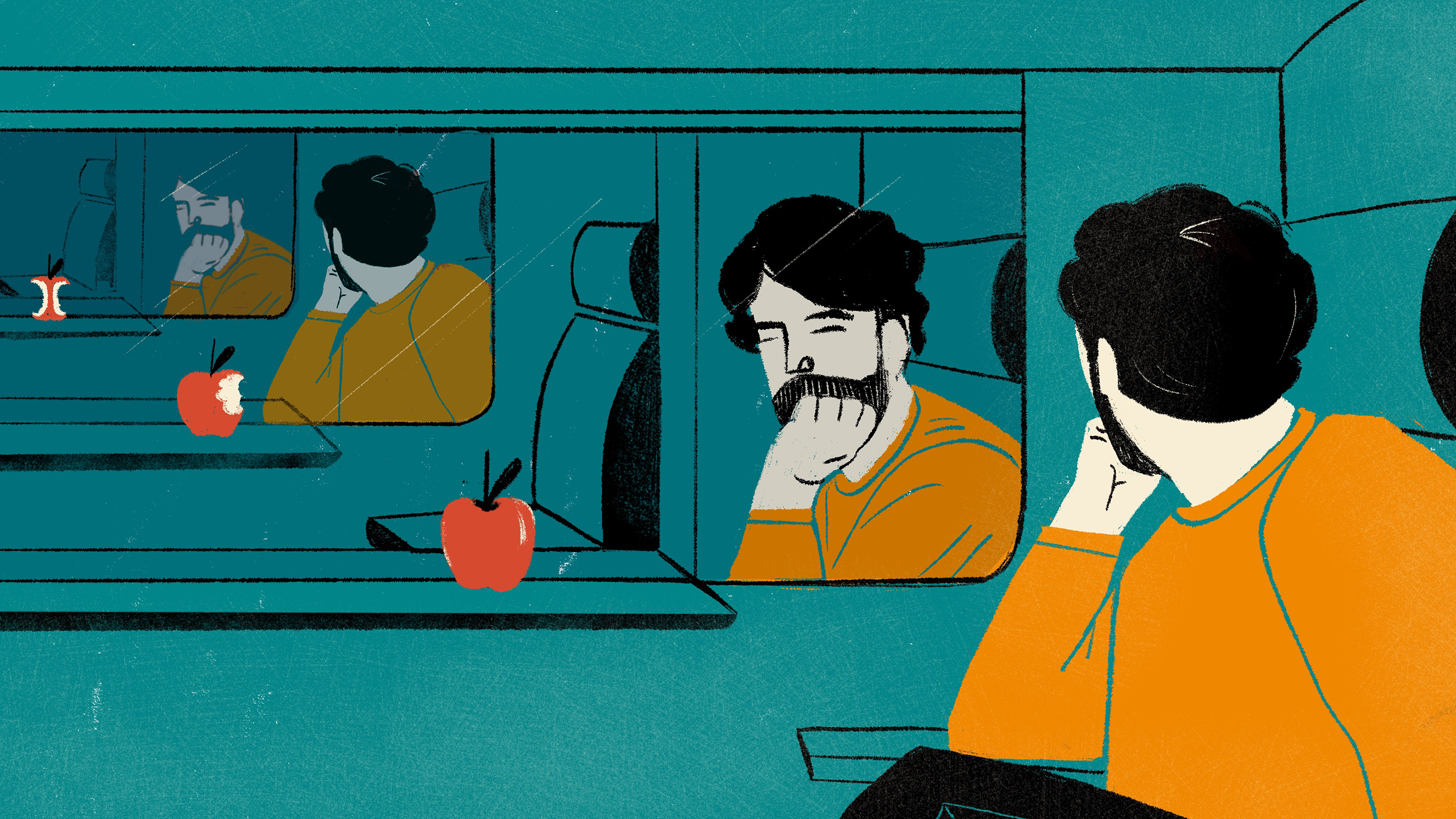 An illustration of a man with an apple and looking at his reflection, in which the apple has a bite taken out of it, evoking the way that quantum reference frames can affect the perceived order of events.