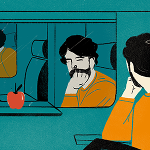 An illustration of a man with an apple and looking at his reflection, in which the apple has a bite taken out of it, evoking the way that quantum reference frames can affect the perceived order of events.