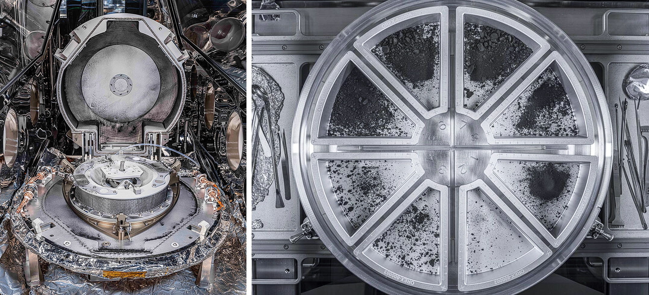 A diptych of photos of a metal canister with soot inside.