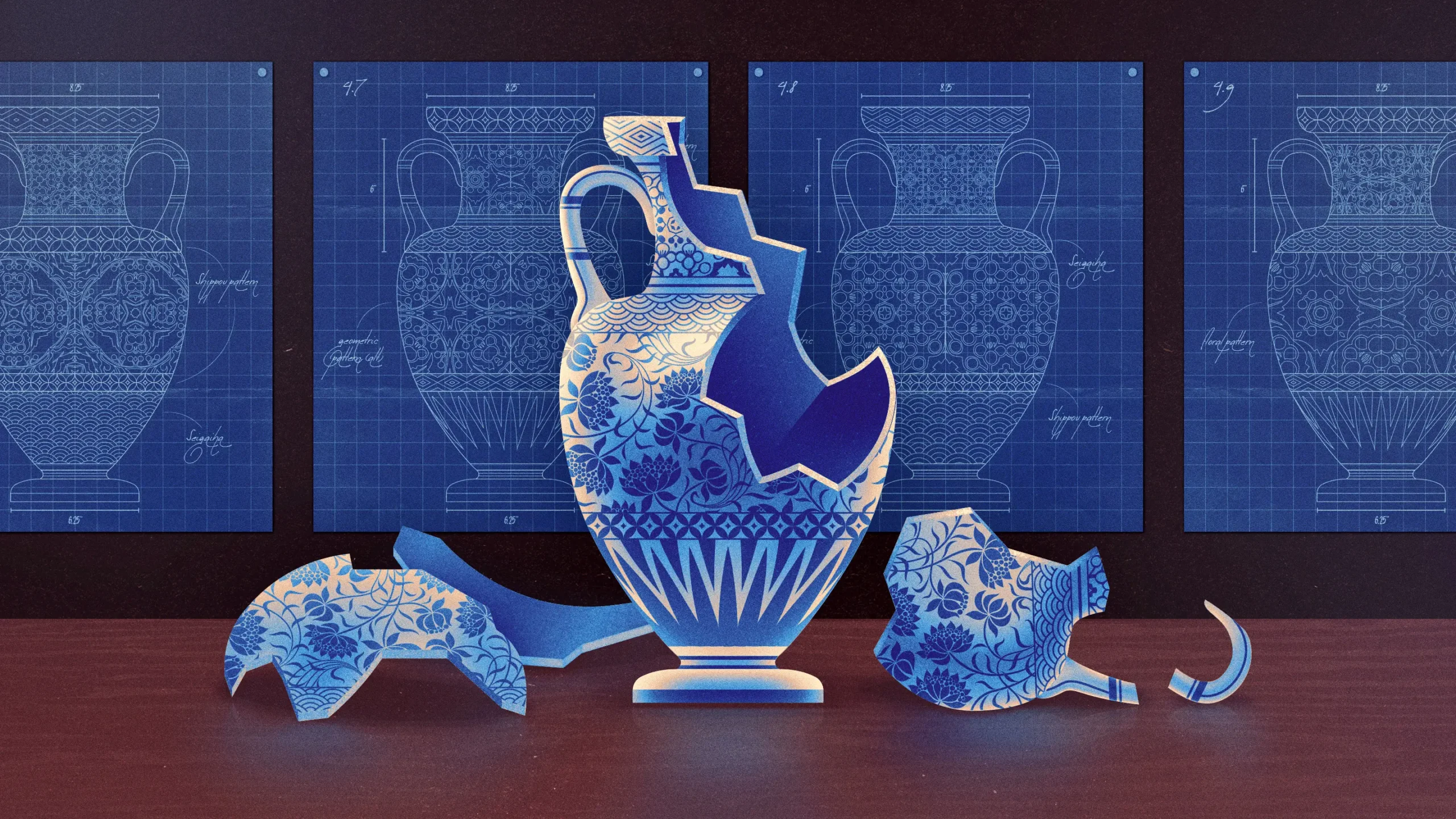 An illustration of a shattered Ming vase.