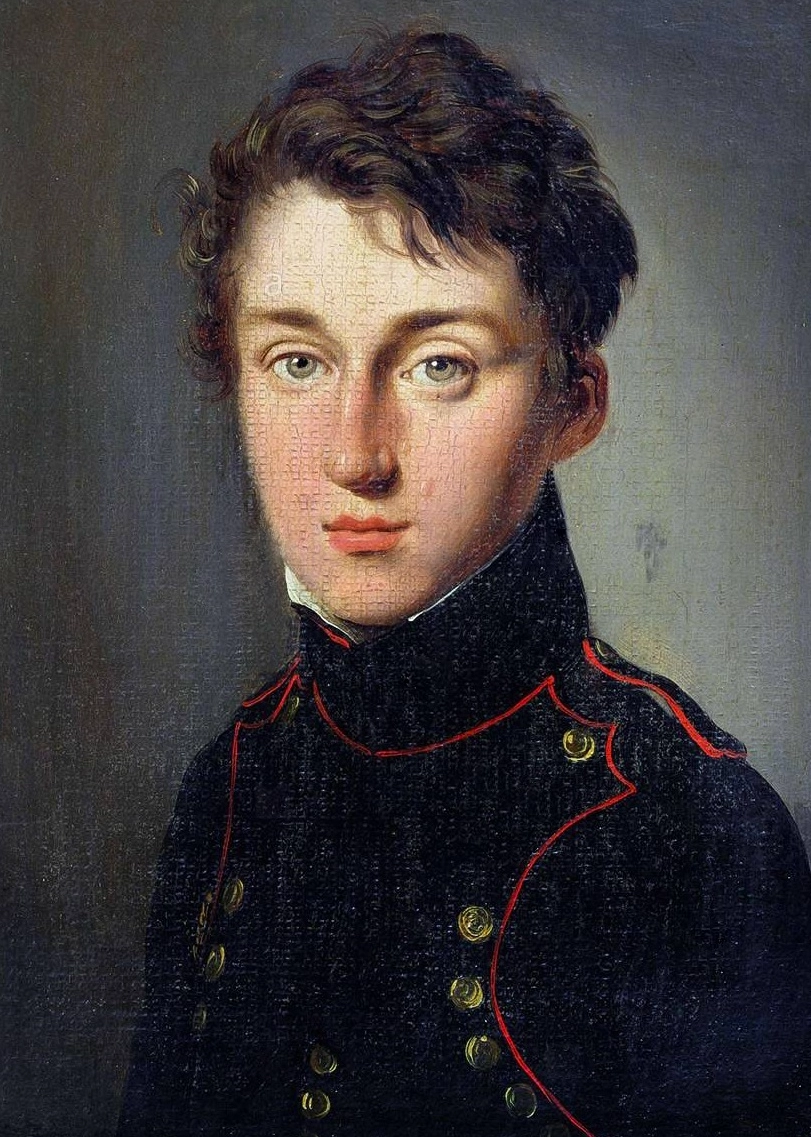 An oil portrait of a young man in a military jacket.