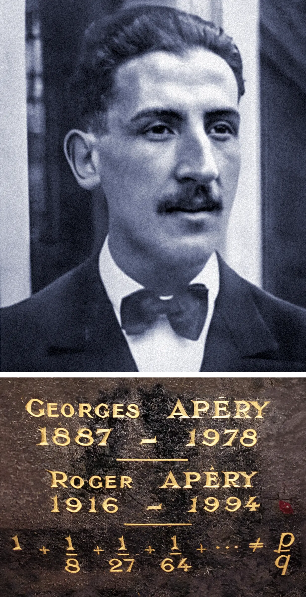 Black-and-white portrait of a man, and a plaque engraved with names and a mathematical equation.