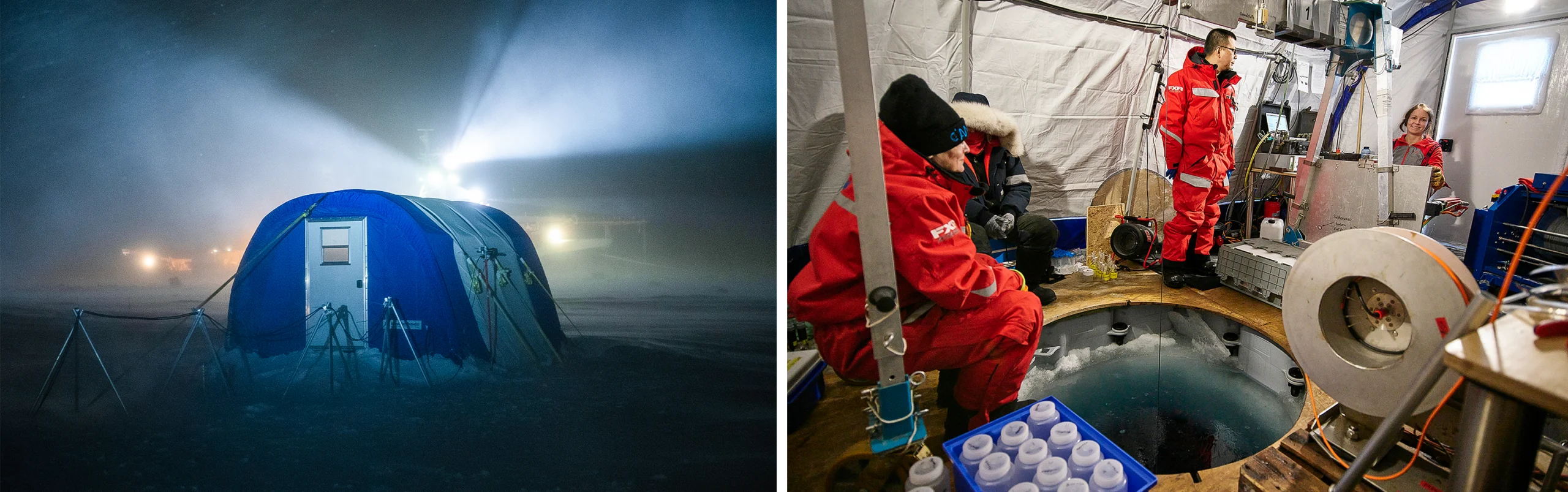 Left: A blue tent sits in the snow; the RV Polarstern illuminates it from behind. Right: Inside the tent, four scientists and scientific equipment surround a meter-wide hole in the ice.