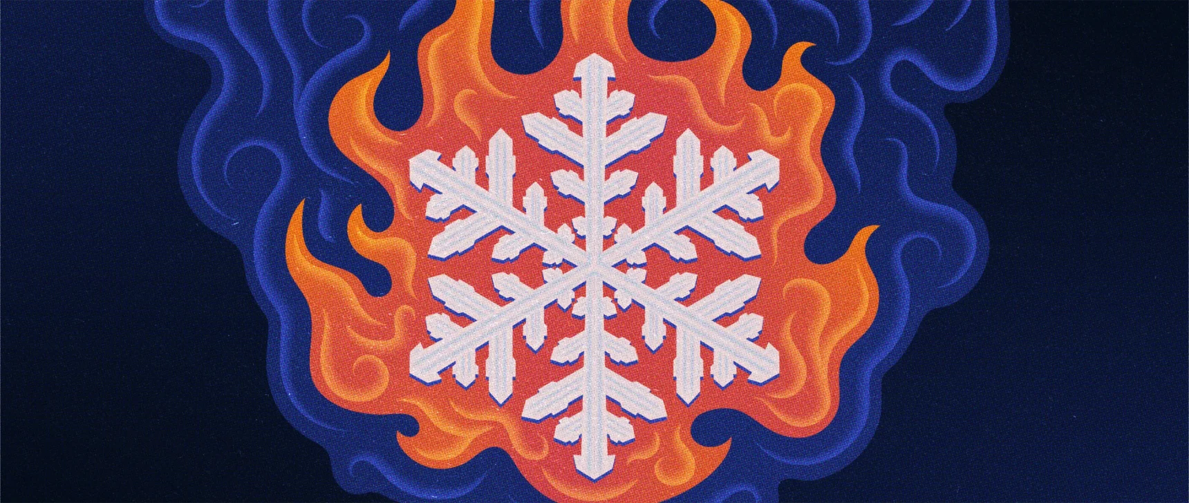 A snowflake surrounded by fire