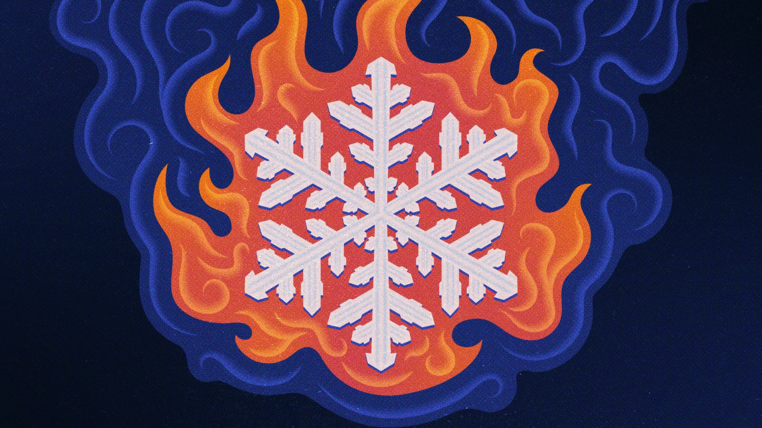 a snowflake surrounded by fire