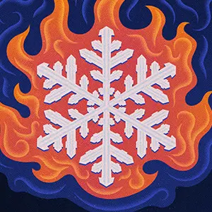 a snowflake surrounded by fire