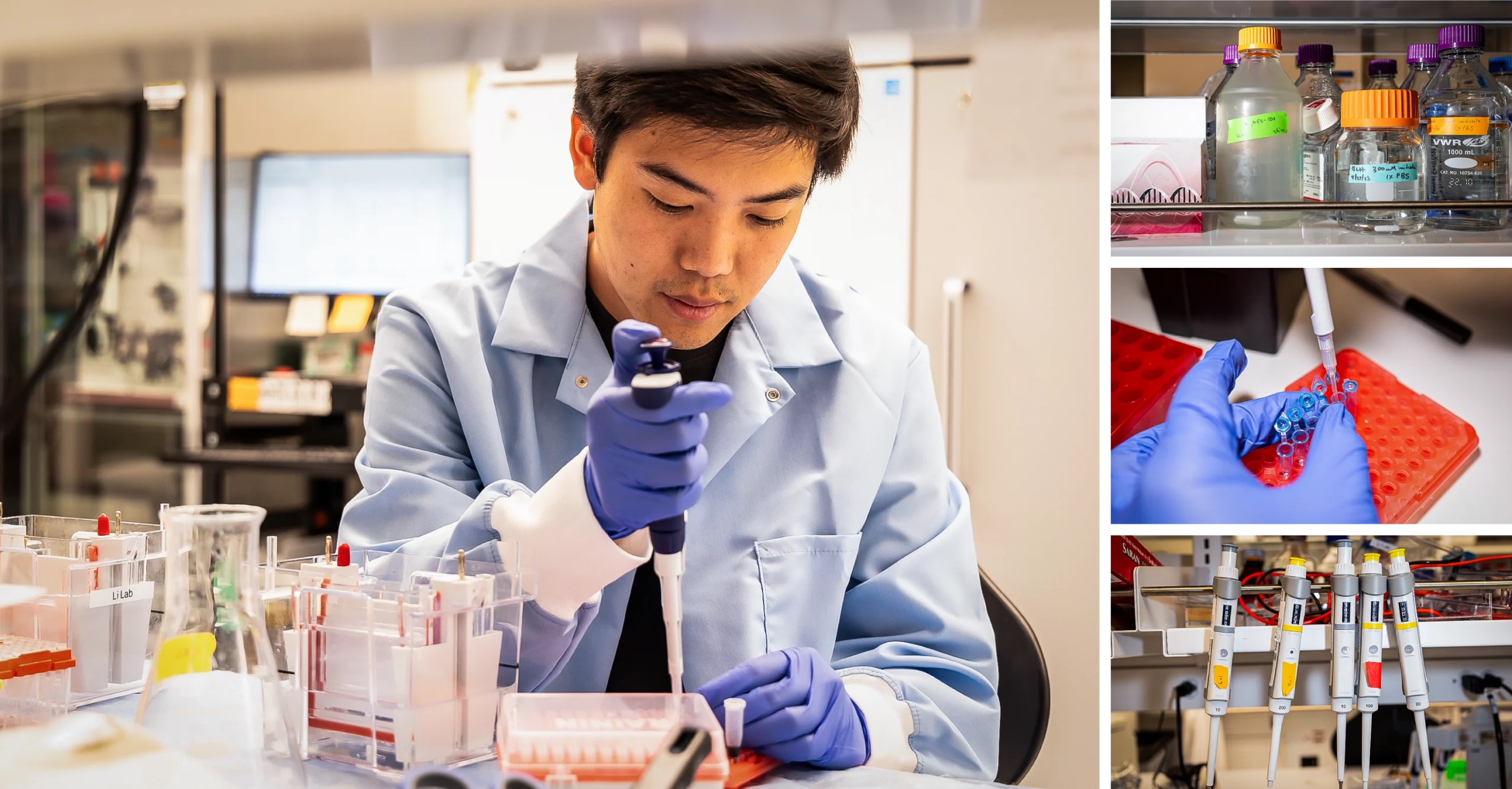 Brian Hie holds a pipette at a lab bench. Surrounding images show lab reagents and pipettes.