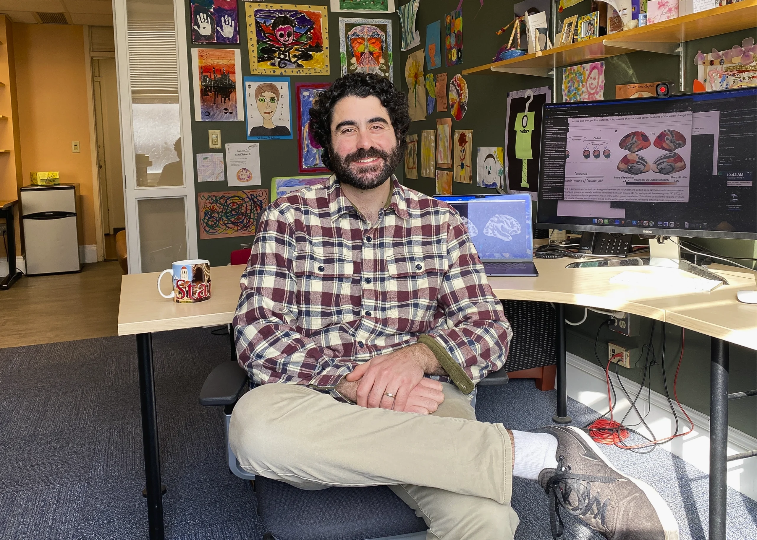 Christopher Baldassano sits in his office at Columbia University.