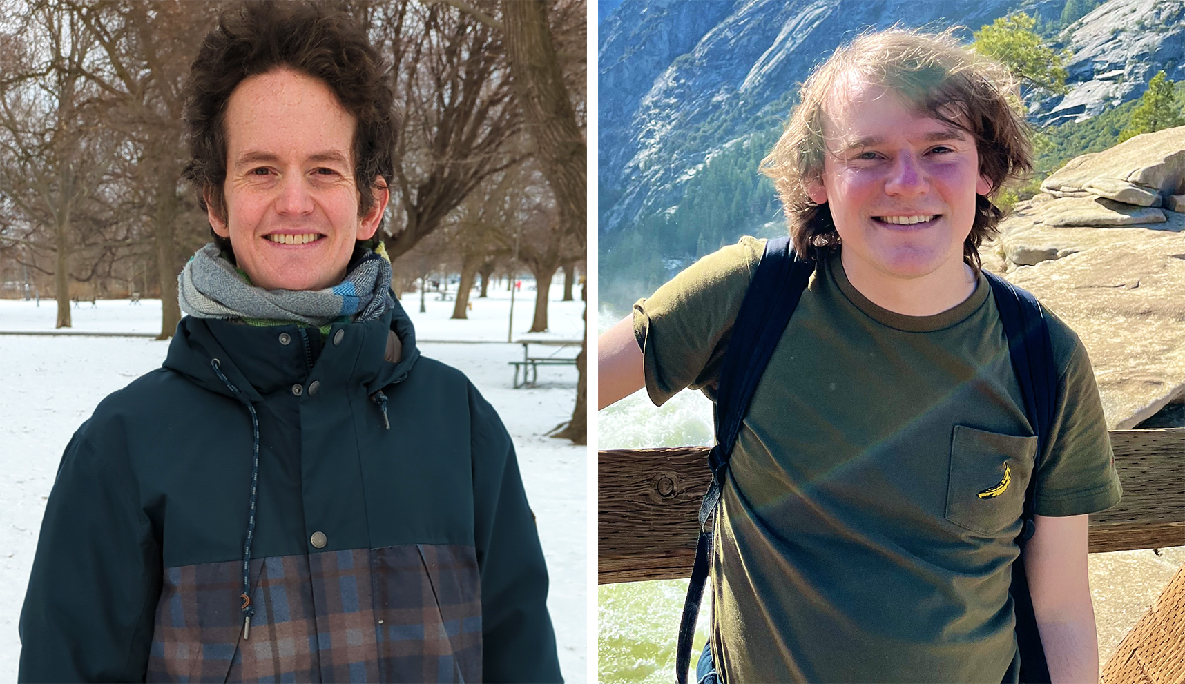 James Cook in a blue coat standing in a snowy field. Ian Mertz in a green T-shirt leaning against a wooden fence.