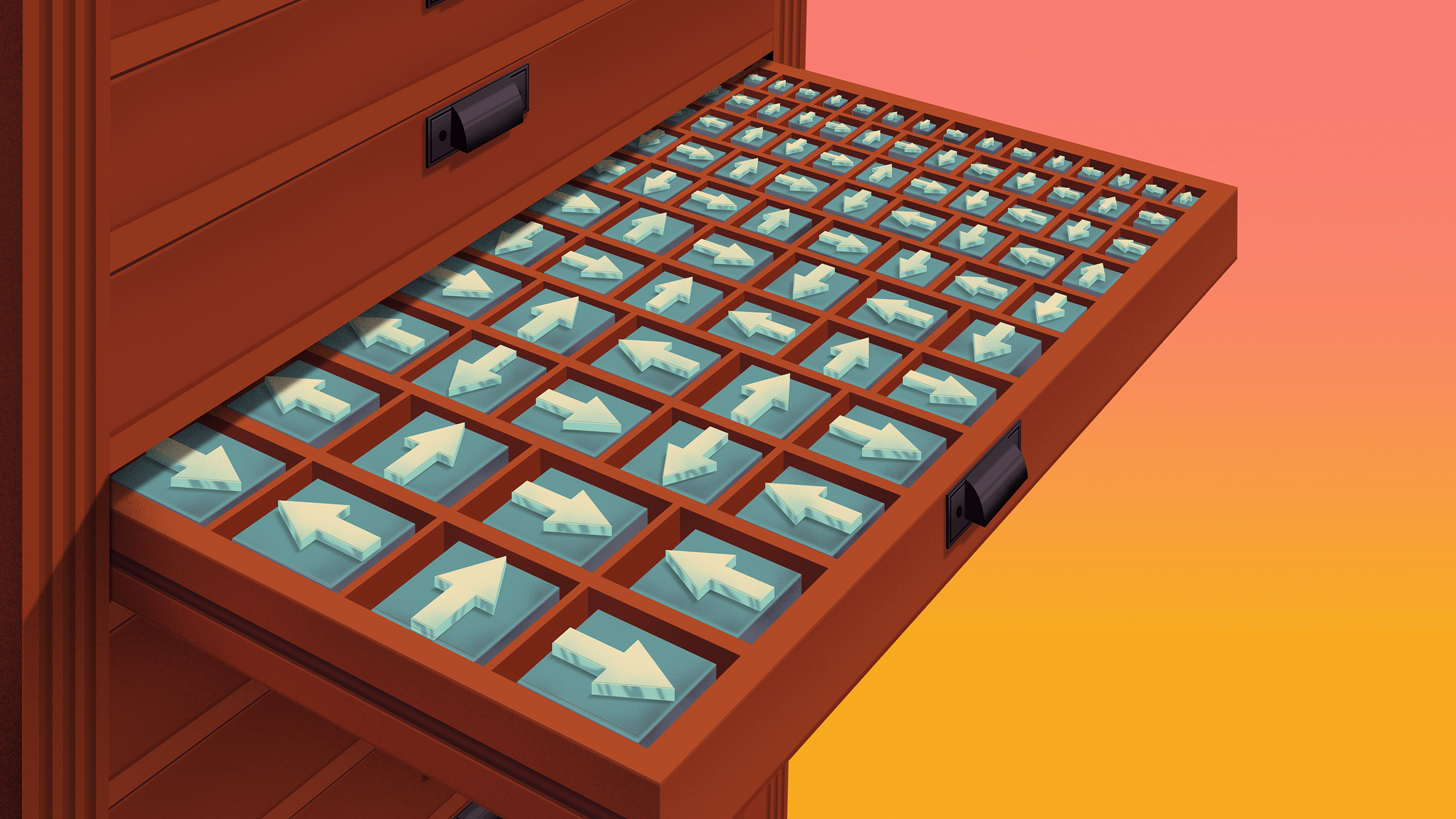 A tool chest with a tray full of different sized arrows against a red-orange backdrop.