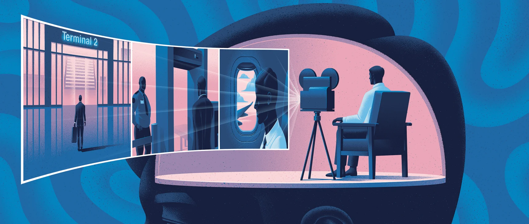 An illustration shows a man sitting on a chair next to a film projector inside a large head. In front of him a sequence of images from the airport is projected — the man at the gate, going through security, and sitting on the plane.