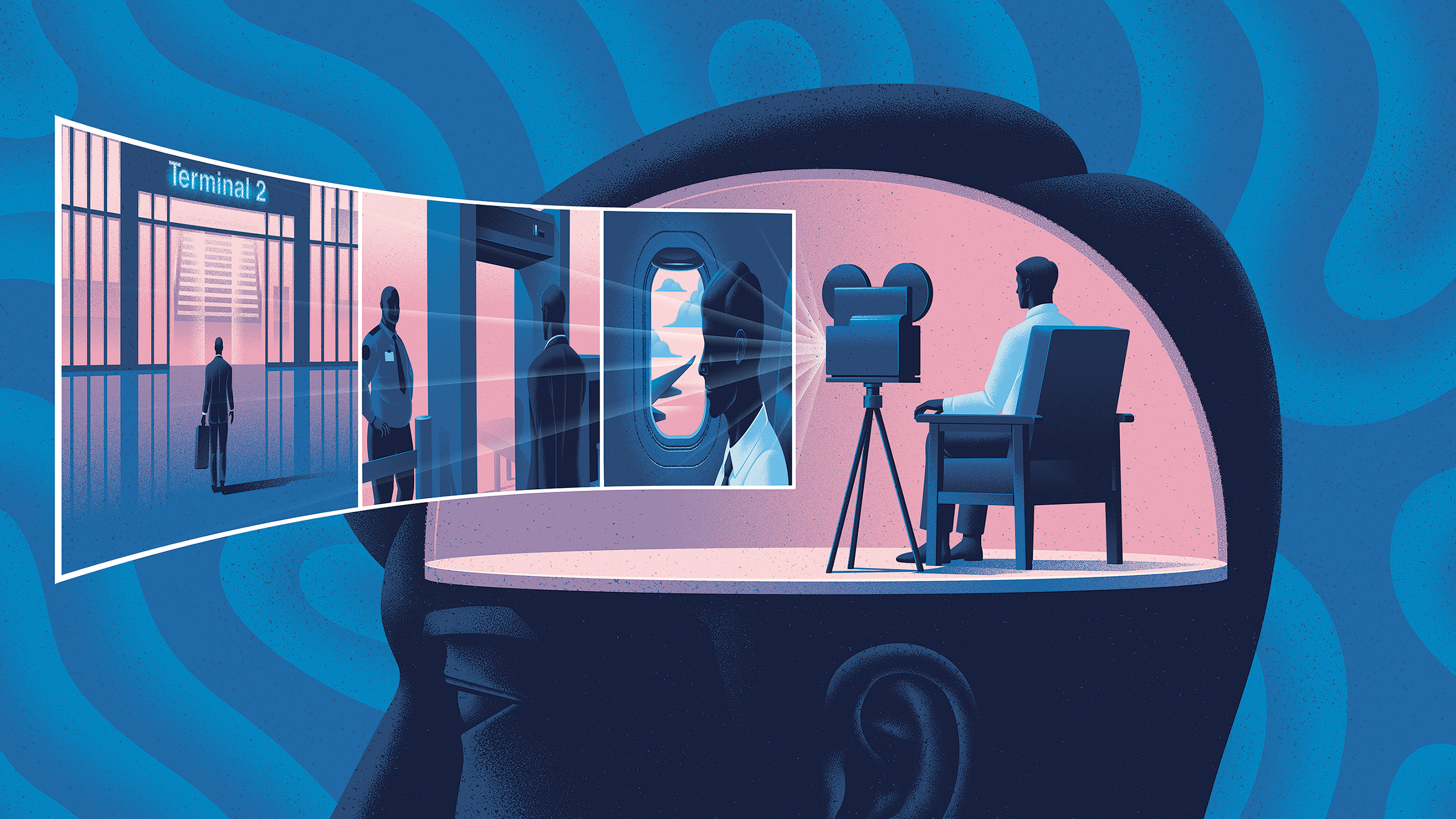 An illustration shows a man sitting on a chair next to a film projector inside a large head. In front of him a sequence of images from the airport is projected — the man at the gate, going through security, and sitting on the plane.