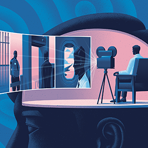 An illustration shows a man sitting on a chair next to a film projector inside a large head. In front of him a sequence of images from the airport is projected — the man at the gate, going through security, and sitting on the plane.