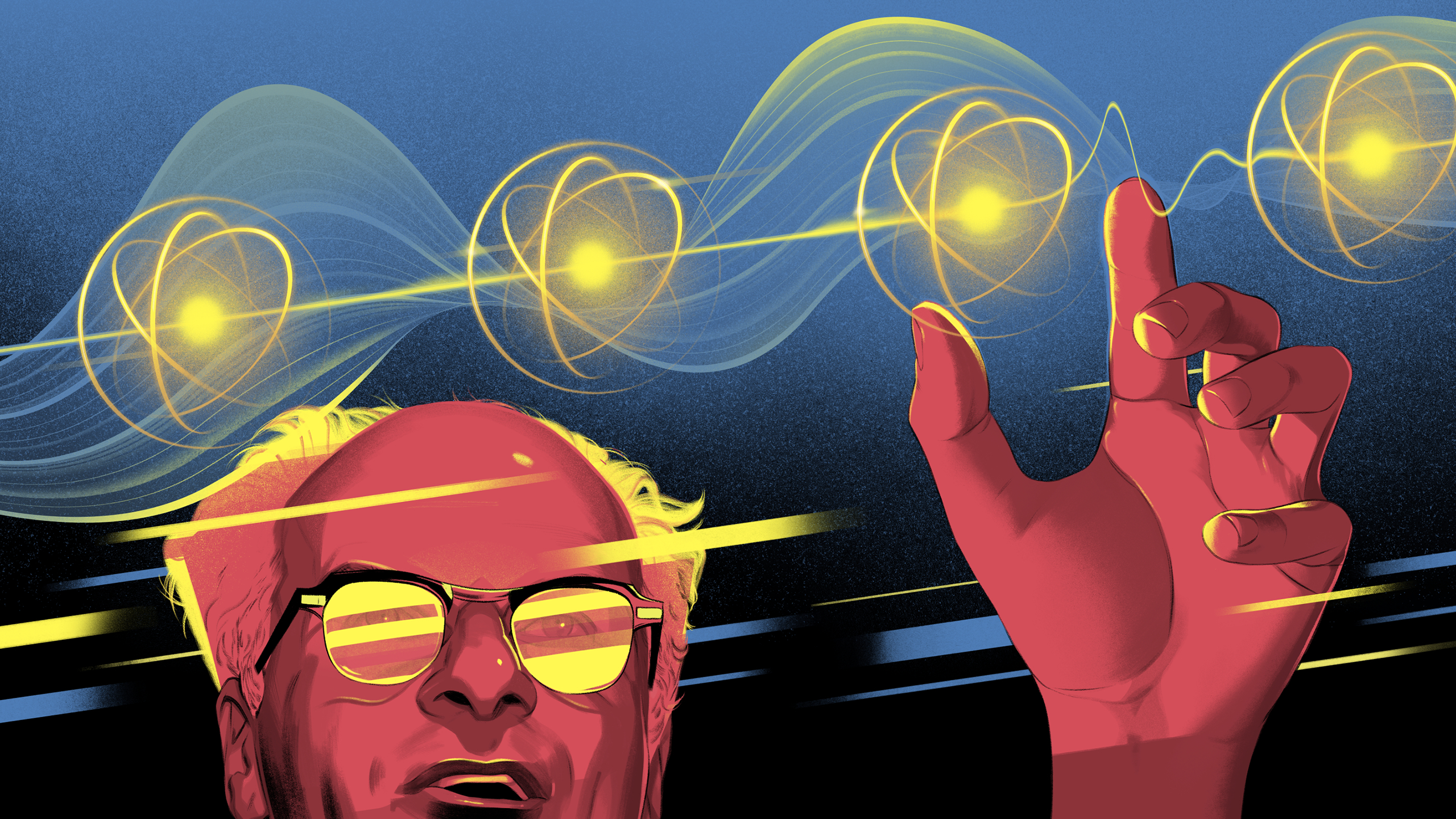 A bespectacled man reaches out to touch a chain of shining atoms.