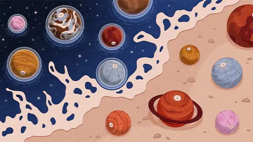 An illustration of planets as balls at the beach.