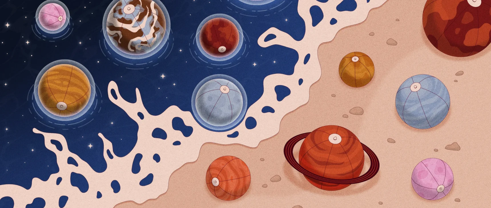 An illustration of planets as balls at the beach.