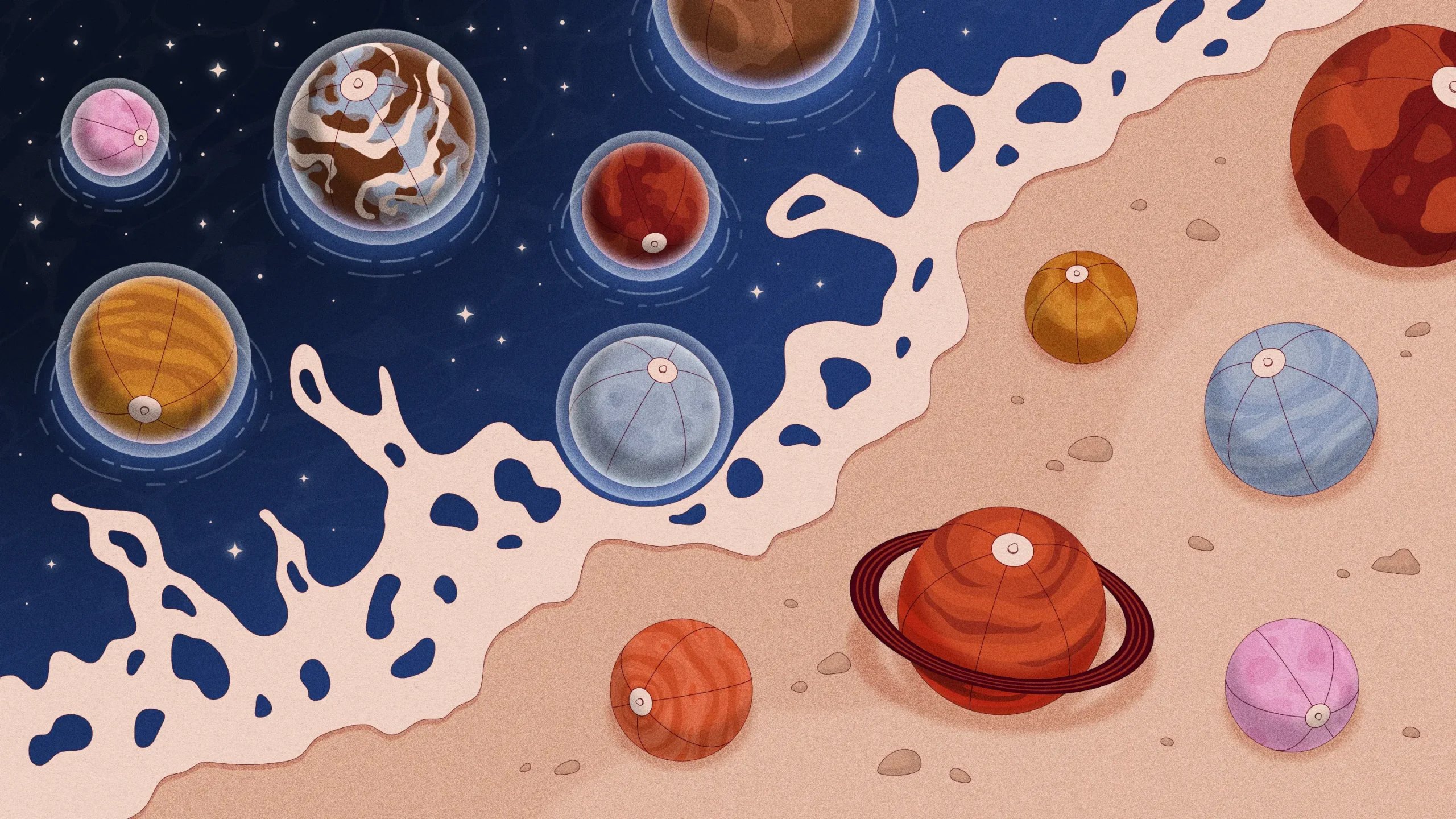 An illustration of planets as balls at the beach.