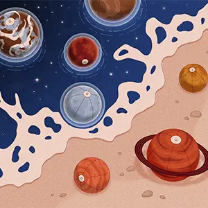 An illustration of planets as balls at the beach.