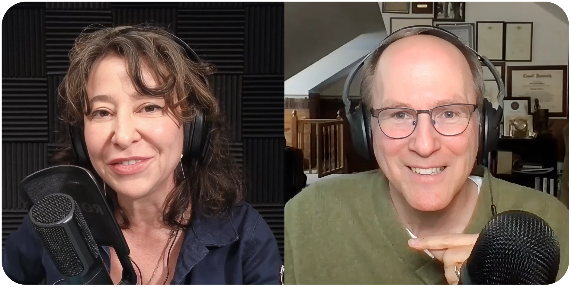 A man and a woman on a video call together, both smiling