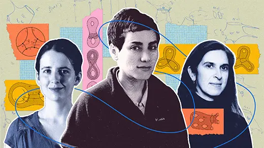 A collage of three women surrounded by mathematical shapes and figures