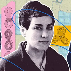 A collage of three women surrounded by mathematical shapes and figures