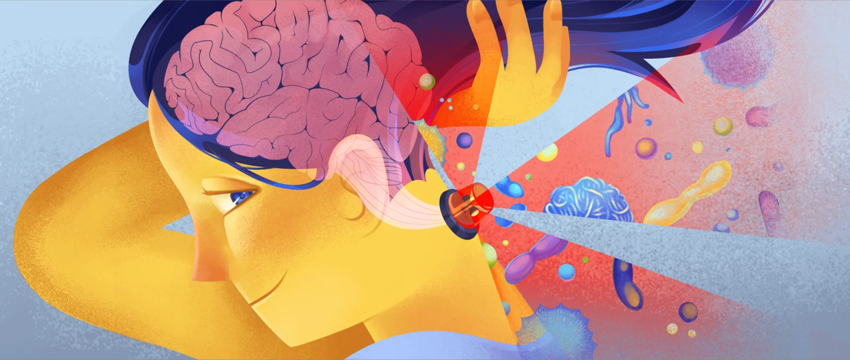 A brightly colored illustration shows a person holding up their hair to reveal a flashing alarm on the back of their neck, out of which images of pathogens blare. Their brain and brainstem are visible as if in X-ray.