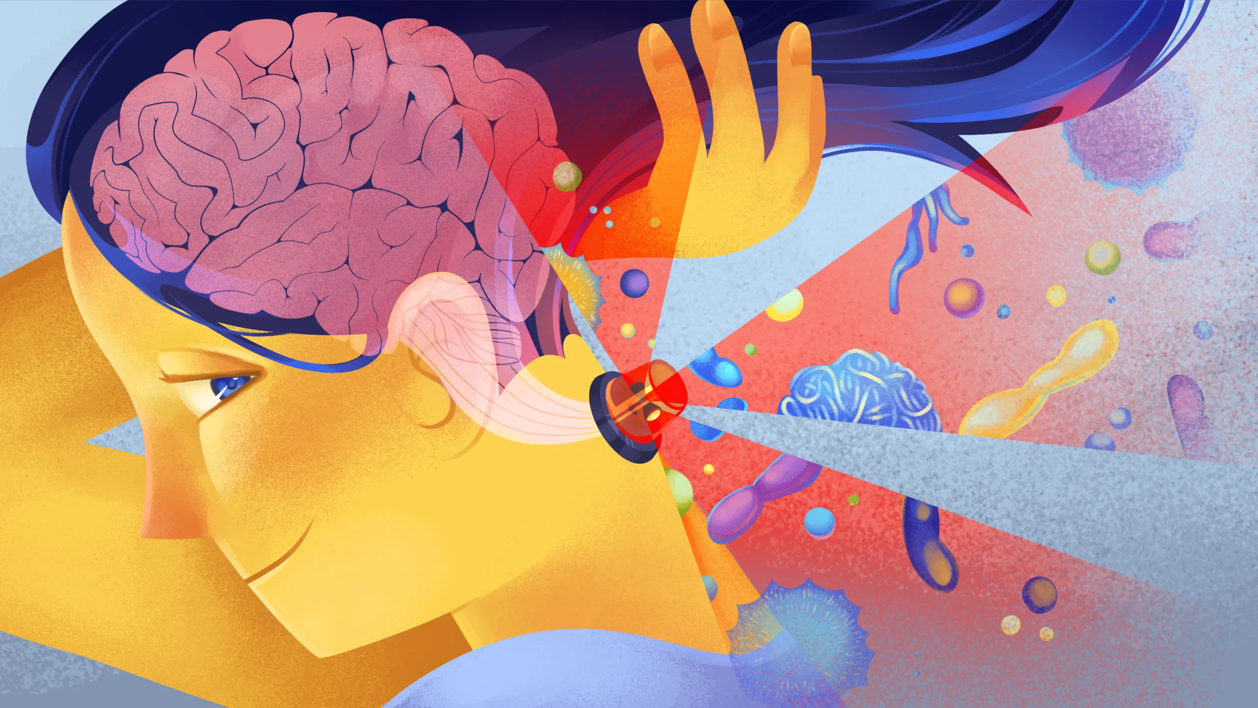 A brightly colored illustration shows a person holding up their hair to reveal a flashing alarm on the back of their neck, out of which images of pathogens blare. Their brain and brainstem are visible as if in X-ray.