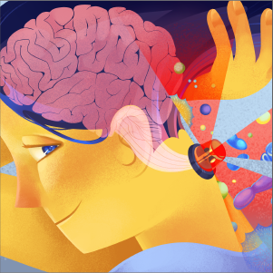 A brightly colored illustration shows a person holding up their hair to reveal a flashing alarm on the back of their neck, out of which images of pathogens blare. Their brain and brainstem are visible as if in X-ray.