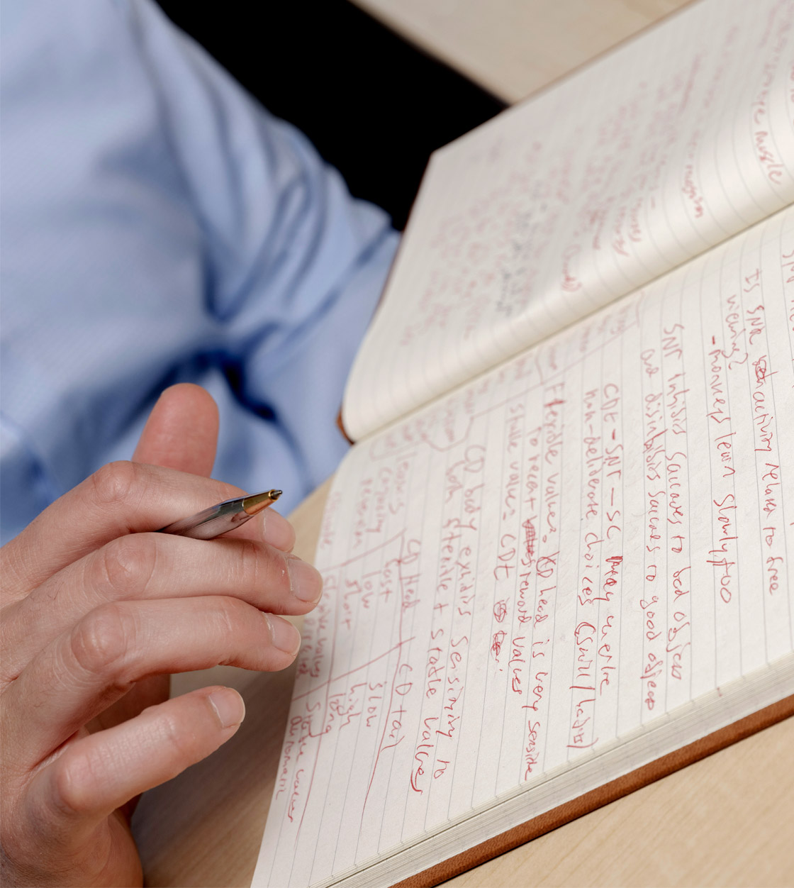 A notebook with red writing.