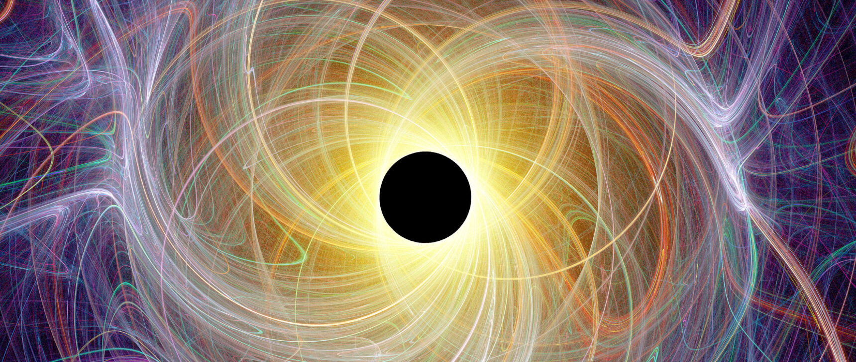 An illustration with a black disc in the middle evoking a black hole.