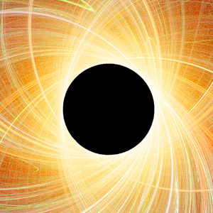 An illustration with a black disc in the middle evoking a black hole.